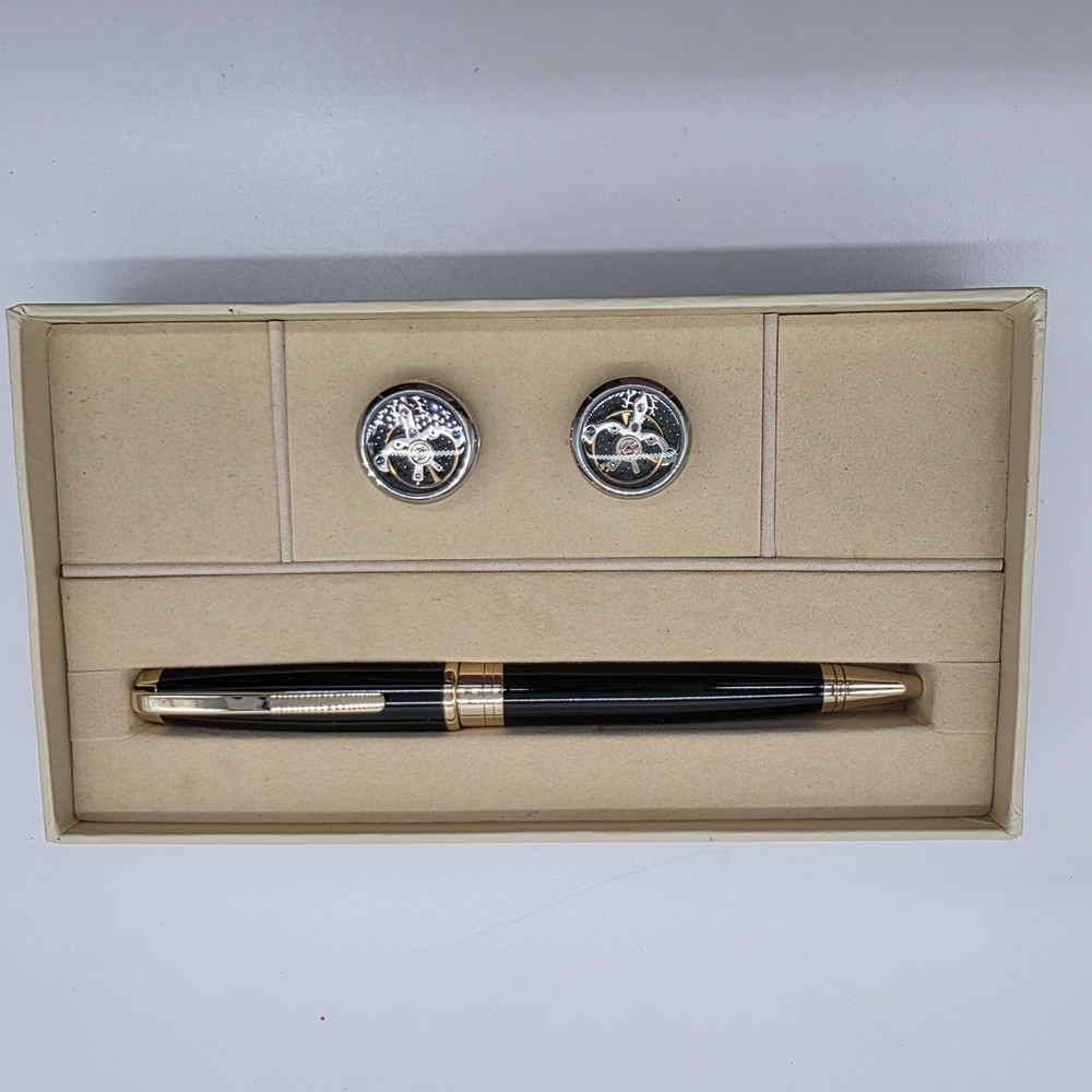 Earnshaw 1805 Luxury Gift Set Black & Gold Pen Steampunk Gear Cufflinks Men's Ac